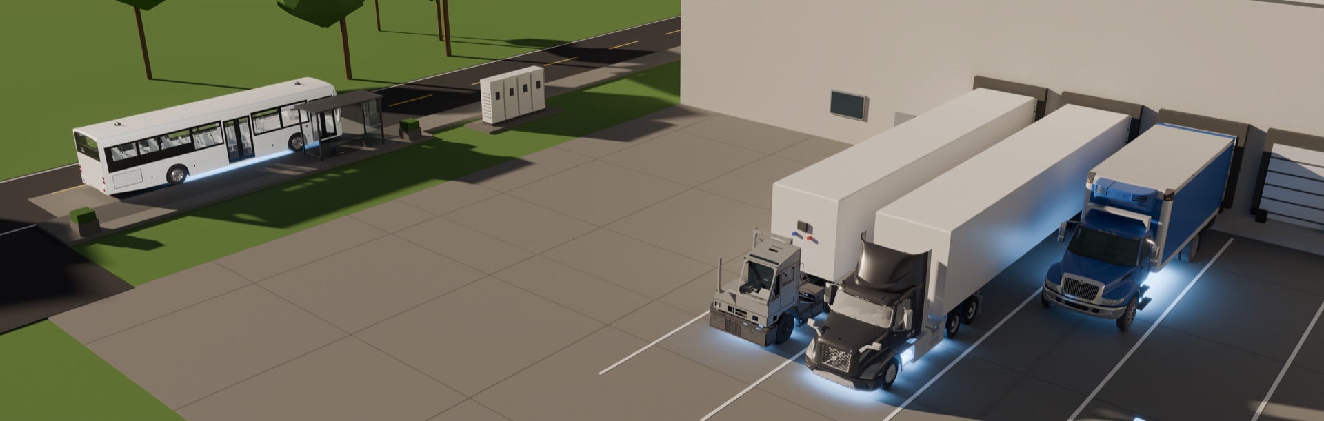 Trucks, a yard tractor and a bus charging wirelessly at a loading dock